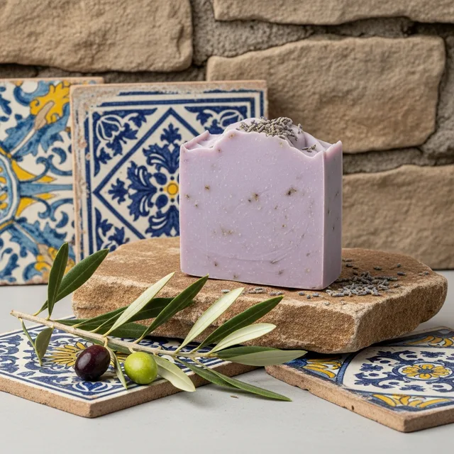 Lavender artisan soap with Mediterranean tile and olive branches